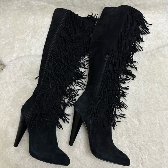 Steve Madden Maraka Over Knee Stiletto Heel Suede Fringe Boots Size 7 Black - Picture 2 of 16